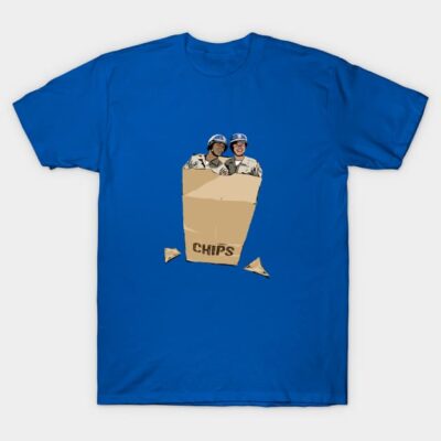 Blue graphic t-shirt with illustrated chips bag design, casual wear, cotton material, unisex style, ideal for everyday use.