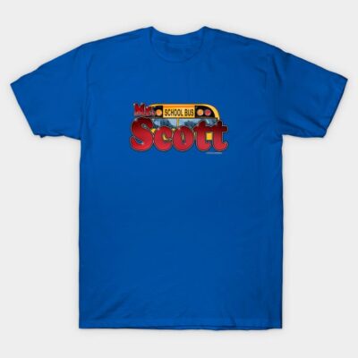 Blue graphic t-shirt with school bus and bold text design, casual style, cotton material, perfect for everyday wear.