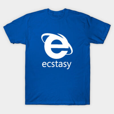 Blue cotton t-shirt with white "ecstasy" internet-themed graphic, casual wear, unisex design.