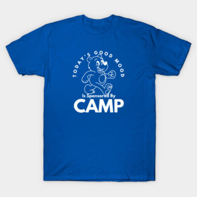 Blue t-shirt with playful bear graphic and "Today's Good Mood Is Sponsored By Camp" text, perfect for casual wear.
