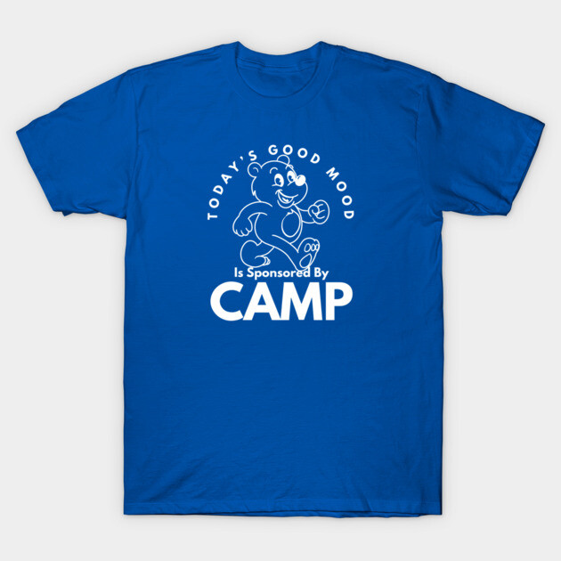 Blue t-shirt with playful bear graphic and "Today's Good Mood Is Sponsored By Camp" text, perfect for casual wear.