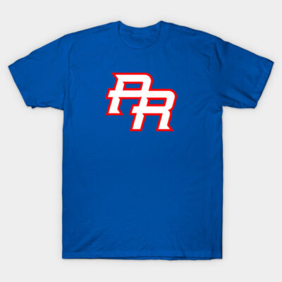 Blue graphic T-shirt with white and red logo, casual style, 100% cotton, perfect for everyday wear.