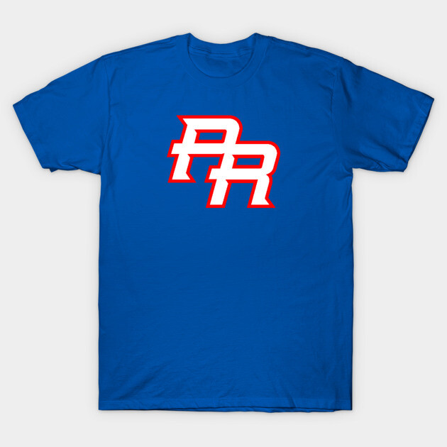 Blue graphic T-shirt with white and red logo, casual style, 100% cotton, perfect for everyday wear.