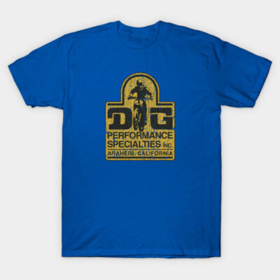 Blue cotton t-shirt with vintage motorcycle graphic in yellow, perfect for casual wear or motorbike enthusiasts.