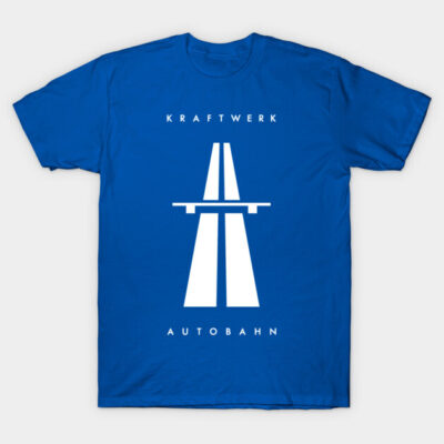 Blue graphic tee with white highway design, "Kraftwerk Autobahn" text, casual style cotton shirt for music fans.