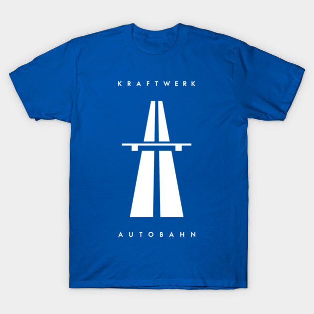 Blue graphic tee with white highway design, "Kraftwerk Autobahn" text, casual style cotton shirt for music fans.