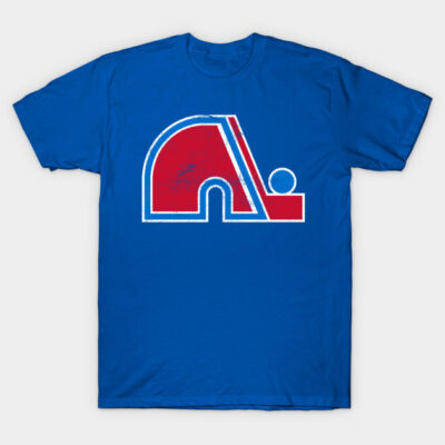 Blue graphic t-shirt with a retro red and white logo design, ideal for casual wear, 100% cotton material.