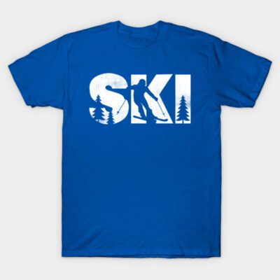 Blue ski-themed T-shirt with white graphic design featuring skier and trees, perfect for winter sports enthusiasts.