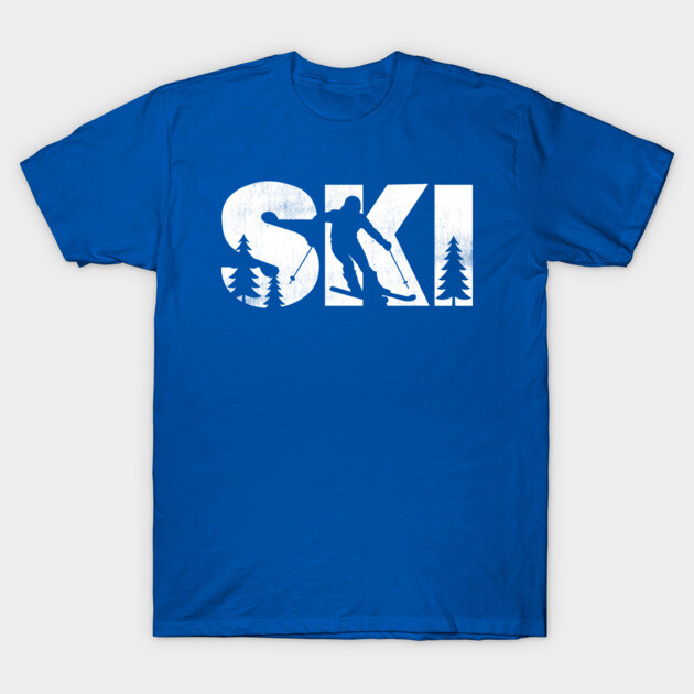 Blue ski-themed T-shirt with white graphic design featuring skier and trees, perfect for winter sports enthusiasts.