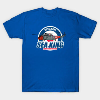 Blue t-shirt with Royal Navy Sea King helicopter print, ideal for aviation enthusiasts, soft cotton material.