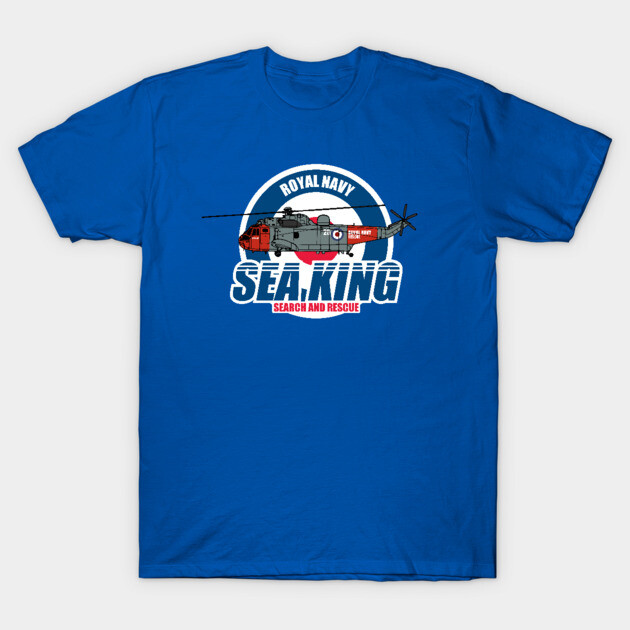 Blue t-shirt with Royal Navy Sea King helicopter print, ideal for aviation enthusiasts, soft cotton material.