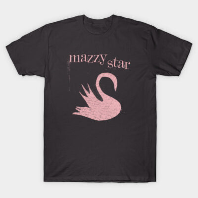 Black t-shirt with pink swan graphic and text design, casual style, cotton material, perfect for everyday wear.