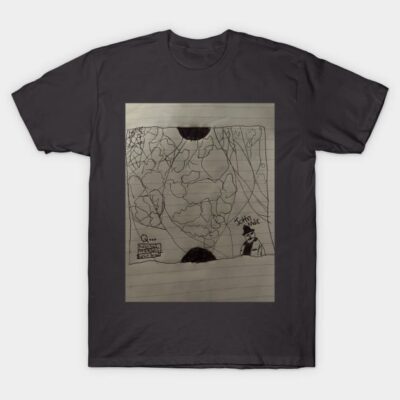 Charcoal gray t-shirt with abstract black and white sketch design, casual wear, cotton fabric.