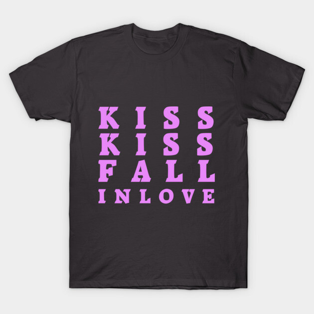 "Black t-shirt with pink text 'Kiss Kiss Fall in Love', casual style, cotton material, perfect for everyday wear."