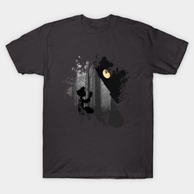 Charcoal gray t-shirt with forest and moon graphic design, casual style, cotton material, unisex fit.