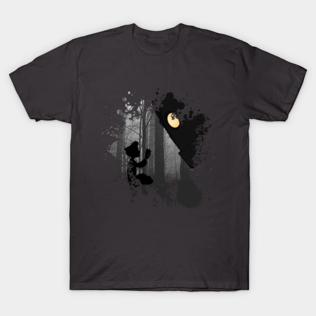 Charcoal gray t-shirt with forest and moon graphic design, casual style, cotton material, unisex fit.