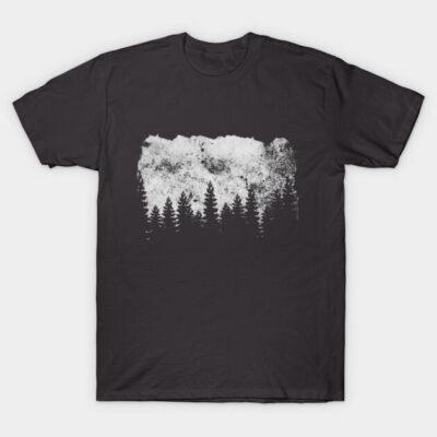 Black t-shirt with white forest graphic, casual style, cotton material, perfect for outdoor enthusiasts.