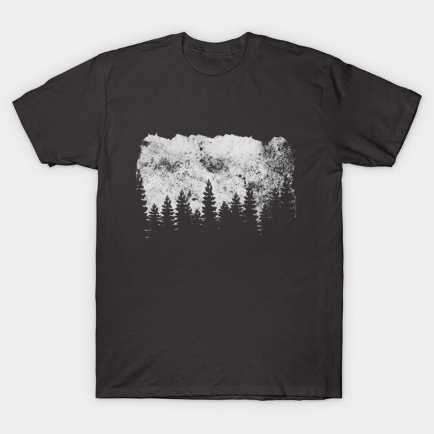 Black t-shirt with white forest graphic, casual style, cotton material, perfect for outdoor enthusiasts.