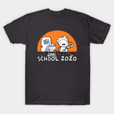 "Black graphic t-shirt with cartoon school design, 'School 2020' text, casual wear, cotton material."