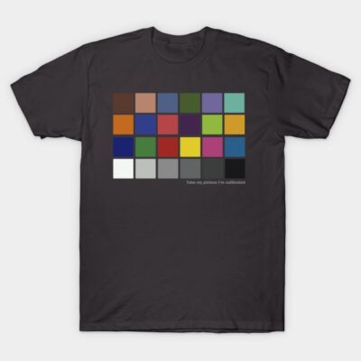 Black cotton t-shirt with colorful calibration chart design, casual style, perfect for everyday wear.
