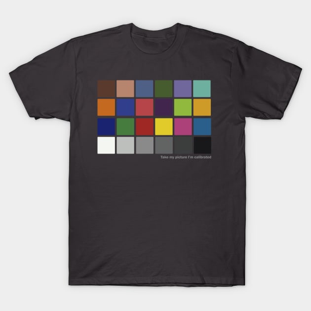 Black cotton t-shirt with colorful calibration chart design, casual style, perfect for everyday wear.