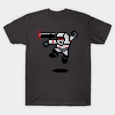 Black cotton t-shirt with retro pixel art design, featuring a jumping character shooting, perfect for casual wear.