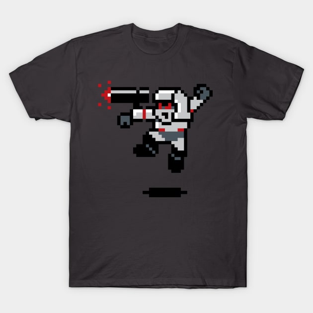 Black cotton t-shirt with retro pixel art design, featuring a jumping character shooting, perfect for casual wear.