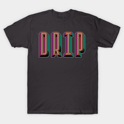 "Black T-shirt with colorful 'DRIP' text design, casual style, 100% cotton, unisex, perfect for everyday wear."