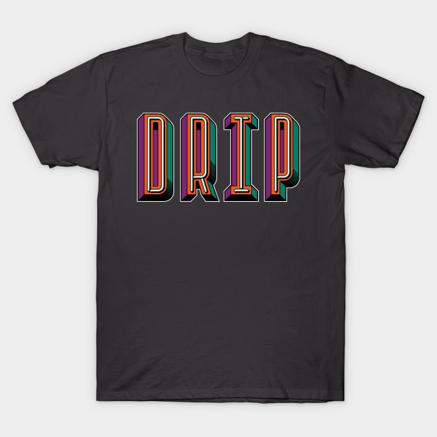 "Black T-shirt with colorful 'DRIP' text design, casual style, 100% cotton, unisex, perfect for everyday wear."