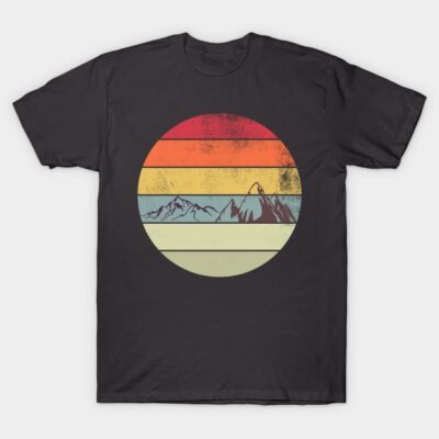 Black t-shirt with retro sunset mountain design, multicolor stripes. Casual style, perfect for outdoor or casual wear.