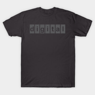 Charcoal gray t-shirt with digital text design, casual style, comfortable cotton material, ideal for everyday wear.