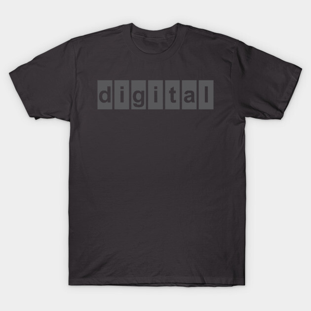Charcoal gray t-shirt with digital text design, casual style, comfortable cotton material, ideal for everyday wear.