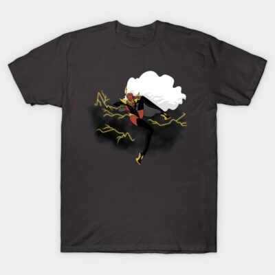 Black graphic t-shirt featuring a superhero design with dynamic lightning elements, perfect for casual wear.