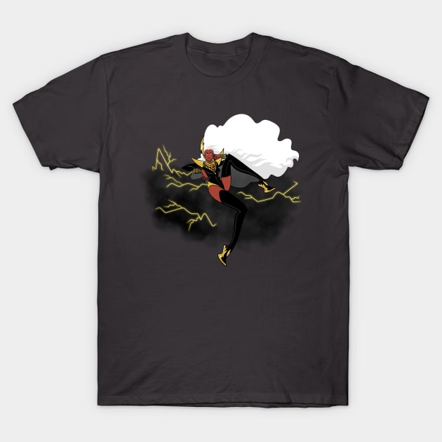 Black graphic t-shirt featuring a superhero design with dynamic lightning elements, perfect for casual wear.