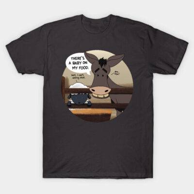 Dark gray t-shirt featuring a humorous cartoon print of a donkey and sheep at a table, casual style, cotton material.