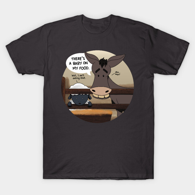 Dark gray t-shirt featuring a humorous cartoon print of a donkey and sheep at a table, casual style, cotton material.