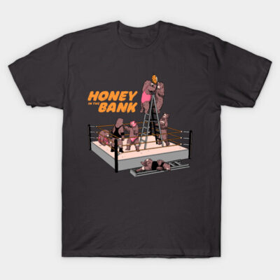 Black t-shirt with "Honey in the Bank" bear wrestling graphic, casual fit, soft cotton material, unisex design.