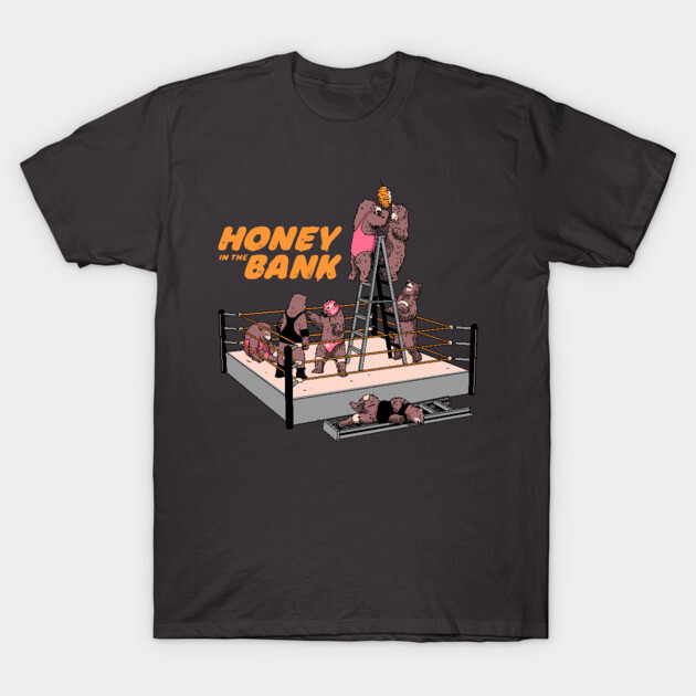 Black t-shirt with "Honey in the Bank" bear wrestling graphic, casual fit, soft cotton material, unisex design.