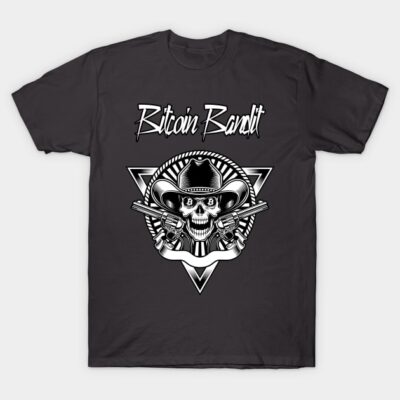 "Black Bitcoin Bandit T-shirt, featuring skull and guns graphic, cotton material, casual wear for crypto enthusiasts."