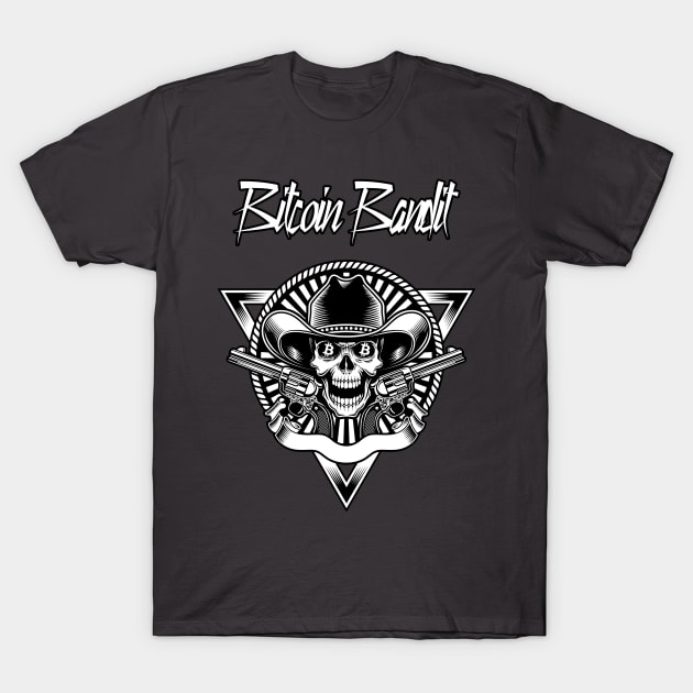 "Black Bitcoin Bandit T-shirt, featuring skull and guns graphic, cotton material, casual wear for crypto enthusiasts."