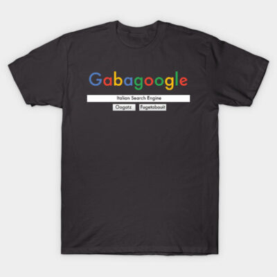 Black novelty T-shirt with colorful "Gabagoogle" graphic and text, casual wear, soft cotton fabric.