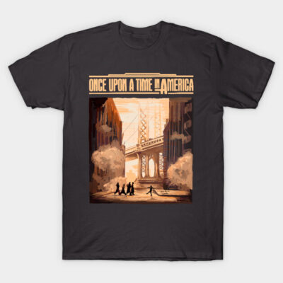 Black graphic t-shirt featuring "Once Upon a Time in America" design, urban scene illustration, casual wear.