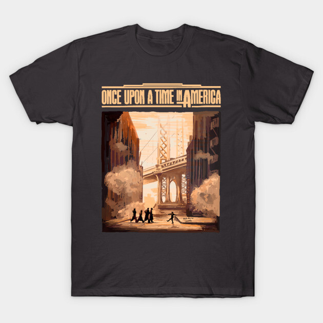 Black graphic t-shirt featuring "Once Upon a Time in America" design, urban scene illustration, casual wear.