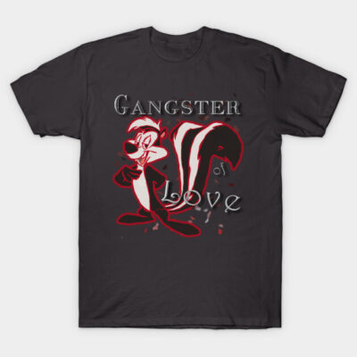 "Black graphic t-shirt with cartoon skunk design and 'Gangster of Love' text, casual wear, cotton material"