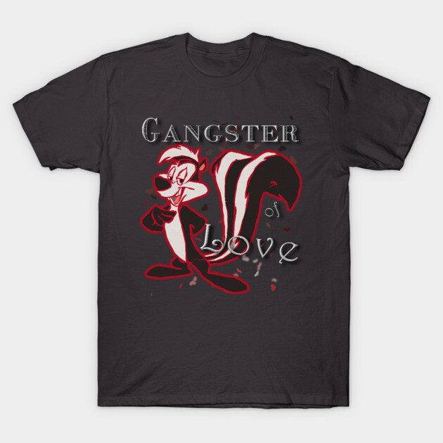 "Black graphic t-shirt with cartoon skunk design and 'Gangster of Love' text, casual wear, cotton material"