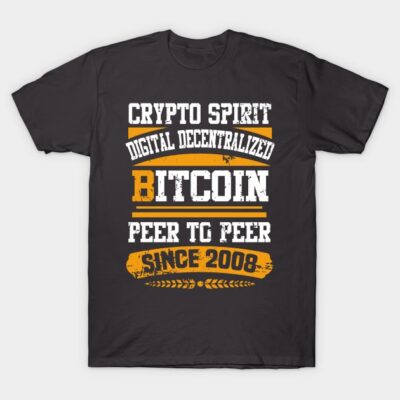 Black Bitcoin-themed t-shirt with "Crypto Spirit" text in white and orange, ideal for cryptocurrency enthusiasts.