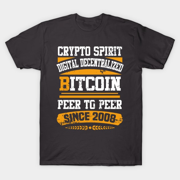 Black Bitcoin-themed t-shirt with "Crypto Spirit" text in white and orange, ideal for cryptocurrency enthusiasts.