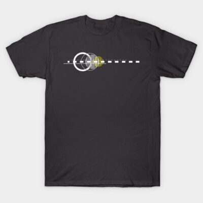 Black cotton t-shirt with abstract white and yellow geometric design, short sleeves, casual wear.