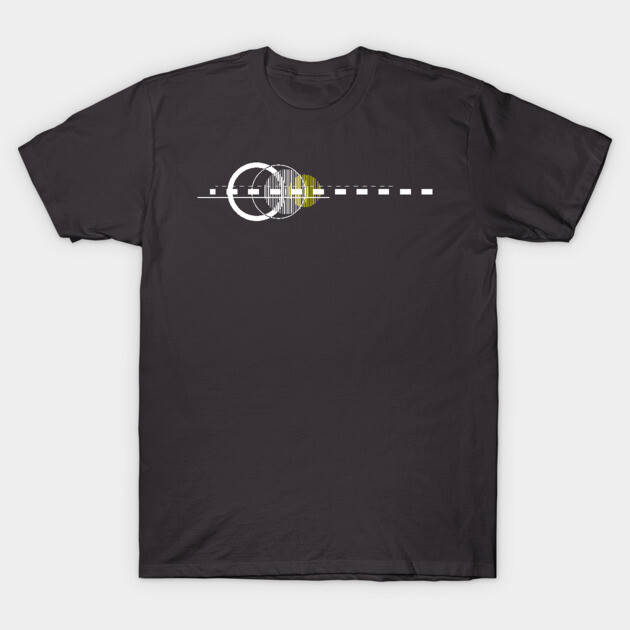 Black cotton t-shirt with abstract white and yellow geometric design, short sleeves, casual wear.