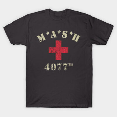 Black t-shirt with vintage MASH 4077 design, featuring a distressed red cross graphic. Cotton material, casual style.